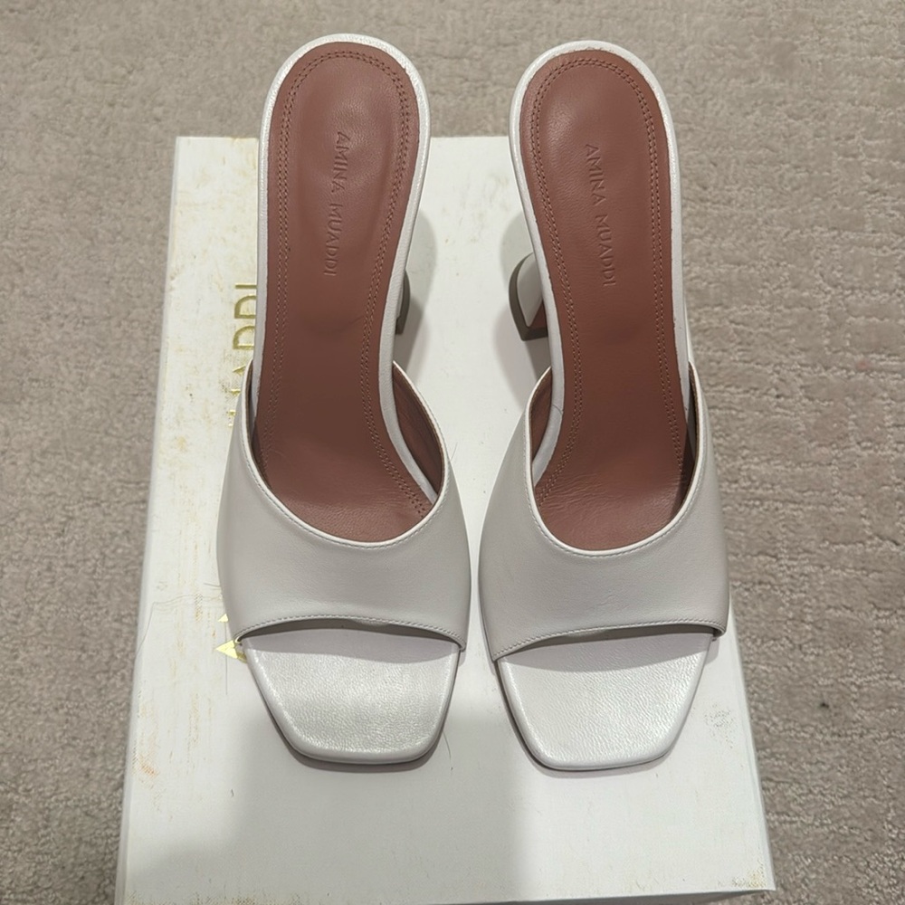Amina Muaddi White Heeled Mules